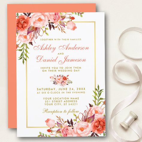 Watercolor Coral Floral Gold Frame Wedding Invitation Gold Frame Wedding, Frame Wedding Invitation, Gold Wedding Invitation, Coral Roses, Coral Watercolor, Formal Wedding Invitations, Modern Watercolor, Frame Wedding, Coral Wedding