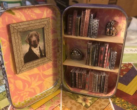 Altoid Tin Bookshelf, Mint Tin Crafts, Mod Podge Projects, Miniature Bookshelf, Tiny Library, Mini Bookshelf, Room Box Miniatures, Altoid Tin, Altoids Tins