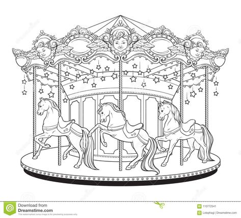 Illustration about Carousel cute merry go round with horses coloring book pages for kids and adults hand drawn vector illustration. Illustration of lights, cherubim, cute - 110772541 Carousel Tattoo, Horses Coloring, Horse Coloring Books, Round Tattoo, Coloring Book Download, Horse Coloring Pages, Colouring Printables, Hand Drawn Vector Illustrations, Doodle Coloring