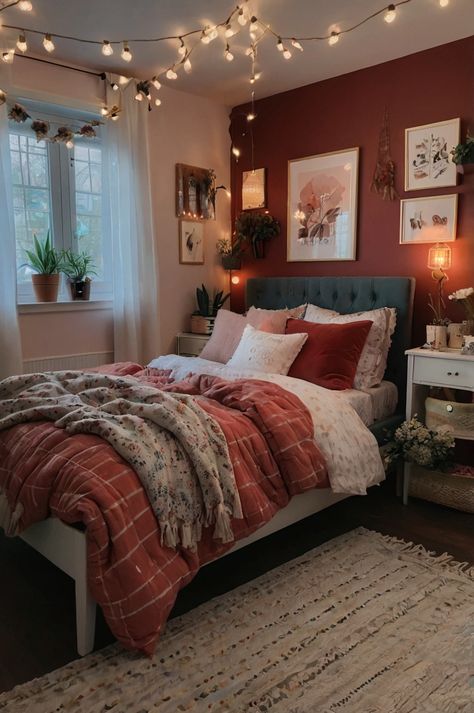 Red Bedroom Decor Ideas - Small Home Decor Small Modern Bedroom Ideas For Couples, Red Feature Wall Bedroom, Bedroom With Red Accent Wall, Boho Red Bedroom, Red Boho Bedroom Ideas, Red Master Bedrooms Decor, Red Themed Bedroom Aesthetic, Red Comforter Bedroom Ideas, Red And Beige Bedroom