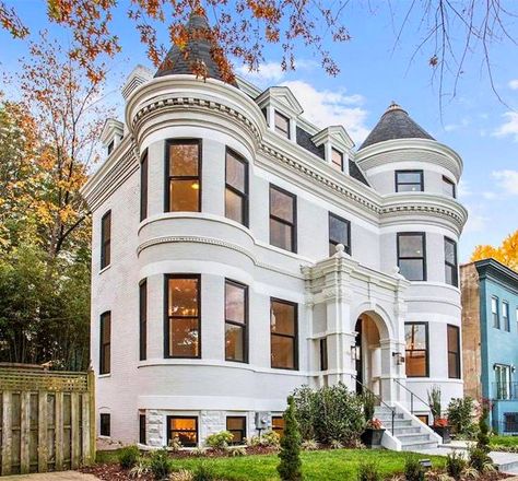 Queen Anne Style Traditional Victorian House, with Tower Turret Room Nooks, Decorative Cornice and Dormers, Balconies, and Deep Covered Porch.  The Sloan, DC   1810 15th St Nw #south, Washington, District Of Columbia.  Exterior View Day Time Fall Autumn Season. White Victorian House Exterior, White Victorian House, House Wrap Around Porch, Queen Anne Victorian House, Turret Room, Vintage Mansion, Victorian Homes Exterior, Queen Anne House, Victorian Exterior