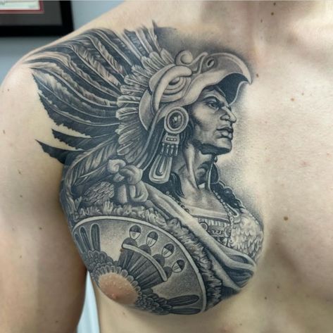 Aztec Chest Tattoo Men, Aztec Chest Tattoo, Nigerian Tattoo Ideas, Mexican Tattoo Ideas, Aztec Drawings, Tattoo Rug, Authentic Tattoo, Shoulder Tattoo Ideas, Aztec Warrior Tattoo