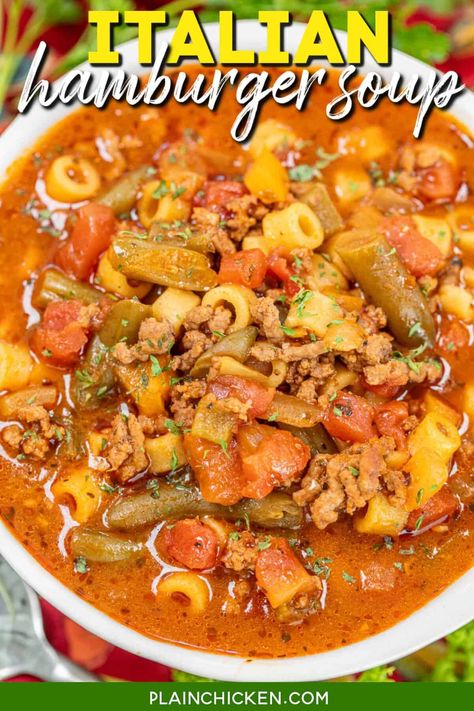 Italian Hamburger Soup, Italian Soups, Plain Chicken Recipe, Italian Stew, Vegetable Entrees, Hamburger Soup, Plain Chicken, Italian Soup, Hearty Meal