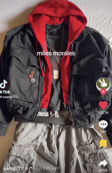 Spider Man Inspired Fits, Miles Morales Fashion, Spider Verse Outfit Ideas, Spiderman Jacket Outfit, Miles Morales Inspired Fit, Spiderman Fit Aesthetic, Miles Morales Style Outfit, Miles Morales Clothing Style, Miles Morales Fit