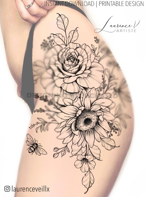 Vintage Mirror Tattoo, Wildflowers Tattoo, Mirror Tattoos, Printable Stencil, Rose Tattoo Thigh, Rose Shoulder Tattoo, Hip Thigh Tattoos, Tattoo Concepts, Wildflower Tattoo