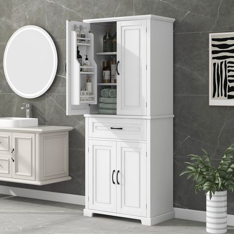 Product Features Material: This storage cabinet is made of high-quality MDF boards with painted finish. Importantly, the surface, feeling smooth, is water-proof and easy to clean. The door handle and hinge is made of metal, which is sturdy and durable. White Bathroom Storage Cabinet, White Linen Cabinet, White Bathroom Storage, Tall Bathroom Storage Cabinet, Tall Bathroom Storage, Storage Cabinet With Doors, Freestanding Storage Cabinet, Bathroom Tall Cabinet, Freestanding Bathroom Cabinet