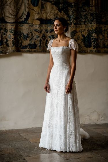 Lace Wedding Dress Summer, Phillipa Lepley Bridal, Textures Wedding Dress, Wedding Dresses Square Neckline Modest, Lace Wedding Dress Mid Size, Vintage Short Sleeve Wedding Dress, Empire Waist Wedding Dresses, Philipa Lepley Wedding Dress, Square Neck Cap Sleeve Wedding Dress