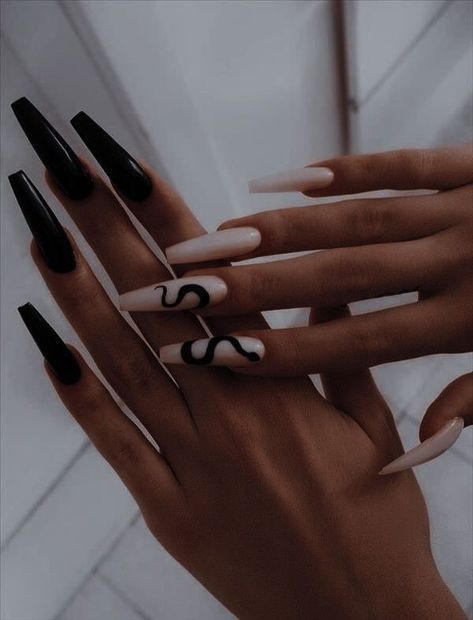 Mafia Wife Nails, Black Ballerina Nails, Ballerina Nails Designs Ideas, Black Acrylic Nails Coffin, Ballerina Nails Long, Black Nails Coffin, Nails Inspiration Ballerina, Black And Nude Nails, Ballerina Acrylic Nails