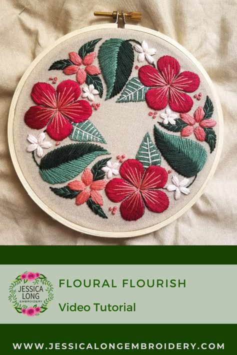 Floral Flourish is a beginner embroidery pattern with a stitch along video tutorial on YouTube. Follow along with me as I demonstrate satin stitch, fishbone stitch, French knots, back stitch and straight stitches as they are utilized in this easy pattern. Large Hand Embroidery Designs, Satin Stitch Embroidery Design Patterns, Satin Embroidery Stitch, Satin Embroidery Designs Motifs, Embroydary Design, Fishbone Stitch Embroidery Design, Satin Embroidery Designs, French Embroidery Patterns Vintage, Satin Stitch Design