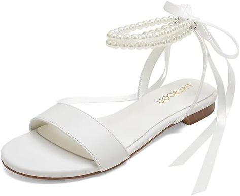 Amazon.com | PALSCOU Wedding Shoes for Bride Flat Sandals Open Toe Pearl Bridal Shoes Flat Wedding Sandals-White-7 | Flats Wedding Shoes Flats For Bride, Flats For Bride, Bridal Shoes Flat, Bride Flats, Flat Sandals Wedding, Wedding Shoes For Bride, Shoes For Bride, Wedding Shoes Flats, Bridal Sandals