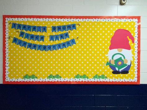 Gnome Classroom Bulletin Board, Gnome Classroom, Kindergarten Bulletin Board, Welcome Bulletin Board, Welcome Bulletin Boards, Kindergarten Bulletin Boards, Bulletin Boards Theme, Camping Menu, Classroom Bulletin Board