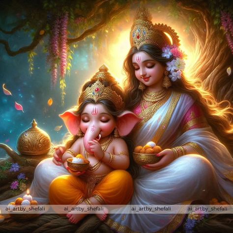 "A joyful moment unfolds as little Ganesha sits beside Mata Parvati, savoring the delicious laddus she lovingly prepared for him. His face lights up with happiness as he enjoys his favorite treat." ❤️ Like ✅ Follow ↗️ Share @ai_artby_shefali #aiart #artists #trending #beautifulgirls #viral #indianportraits #aiartistcommunity #digitalart #instagram #artworks #viralpost #conceptart #bingaiimagecreator #indiangod #creativeart #flatart #illustrationartists #gauriganpati #ganesha #ganeshfest... Little Ganesh, Mata Parvati, Shiva Parvati, Favourite Food, Face Light, Indian Gods, Hindu Art, Illustration Artists, Viral Post