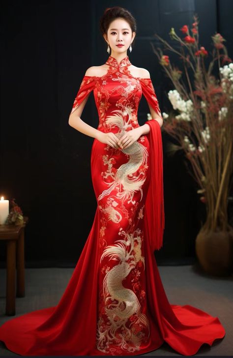 Cny Outfit, Chinese Bridal Dress, Chinese Style Wedding Dress, Modern Chinese Wedding Dress, Red Chinese Wedding Dress, Chinese Gown, Chinese Clothing Traditional, Royal Gowns, Chinese Fancy Dress