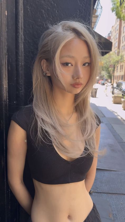 Blond On Asian Hair, Hair Matches Skin Tone, Tan Asian Hair Color Ideas, Milk Tea Blonde Hair Color Asian, Hair Dye For Asians, Ash Brown Hair Tan Skin, Korean Ash Blonde Hair, Blonde Hair Filipino, Low Lights Hair Blond