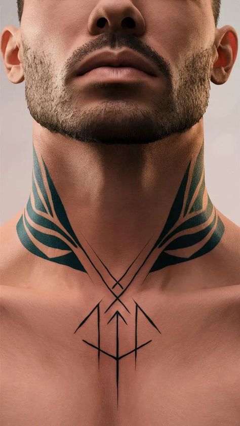 neck tattoo for man ideas Tattoo Back Neck Men, Small Manly Tattoos, Chest And Neck Tattoos Men, Best Neck Tattoos Men Design, Tattoo Am Hals, Sigma Tattoo, V Line Tattoos For Guys, Neck Tattoo Ideas For Men, Back Of Neck Tattoo Men