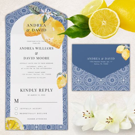 Blue Mediterranean Italian Tile & Lemon Wedding All In One Invitation All In One Wedding Invitations, Popular Wedding Invitations, Lemon Wedding, Mediterranean Wedding, Wedding Postcard, Summer Wedding Invitations, Practical Wedding, Rsvp Postcard, Minimalist Wedding Invitations