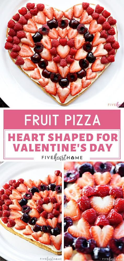 Fruit For Valentines Day Party, Fruit Pizza Valentines Day, What To Make For Valentines Dinner, Heart Fruit Pizza, Valentine's Recipes Desserts, Heart Shaped Fruit Pizza, Valentines Foods Easy, Valentine's Day Desserts For Kids, Valentines Dips Food