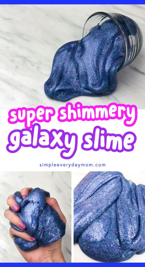 This easy galaxy slime recipe is the perfect summer activity for kids to do. It's a fun idea that'll get your kids creative juices flowing. It's simple to learn how to make and fun for children to play with!     #children #slime #slimerecipes #sensoryplay #teachers #summeractivities #rainydayplay #playideas #classroom #kindergarrten #funideasforkids #simpleeverydaymom #creativeplay #kidsactivities #activitiesforkids #kidscrafts #students #diyslime #kidsdiy #craftsforkids #sensory Space Slime For Kids, Space Vbs Crafts, Stellar Vbs Crafts, Stellar Vbs 2023 Crafts, Galaxy Dough, Theme Espace, Galaxy Slime Recipe, Space Slime, Diy Galaxy Slime