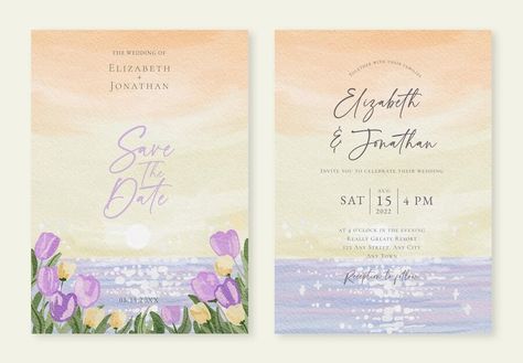 Free Vector | Set of wedding invitation with watercolor whimsical sunset sky and tulip flowers Watercolor Whimsical, Sea Sunset, Sunset Sea, Sunset Landscape, Sunset Sky, Tulips Flowers, Wedding Card, Save The Date, Wedding Cards