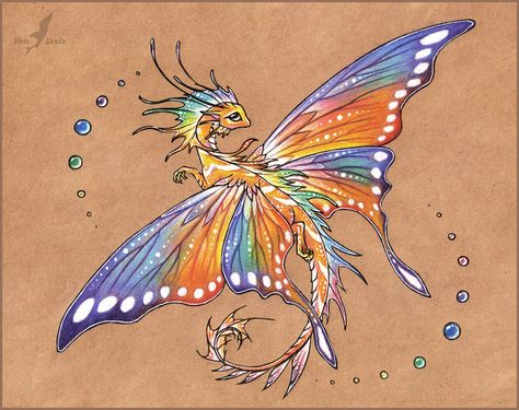 Tropical butterfly dragon -tattoo design by AlviaAlcedo Dragon With Butterfly Wings, Sand Dragon, Northern Lights Tattoo, Butterfly Wing Tattoo, Tropical Butterfly, Mythical Beasts, Butterfly Dragon, Fairy Dragon, Dragon Tattoo Designs