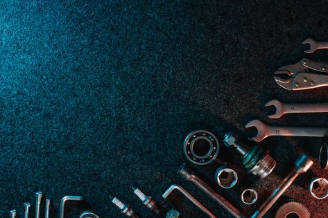 Bearings, wrenches, bolts on dark Premium Photo | Free Photo Mechanics Aesthetic, Pitbull Drawing, Mechanic Man, Handyman Logo, Mechanical Workshop, Logo Word, Captain America Wallpaper, Linkedin Background, Black Background Photography