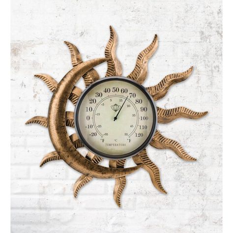 Bungalow Rose Sun and Moon Thermometer & Reviews | Wayfair Moon Clock, Moon Symbols, Outdoor Thermometer, Mediterranean Decor, Outdoor Wall Decor, Sun And Moon, Store Decor, Sun Moon, Bungalow Rose