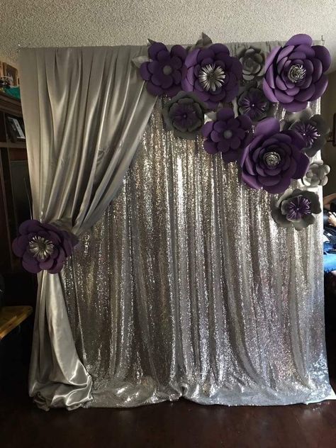 60th Wedding Anniversary Party, Color Uva, Pastor Anniversary, Purple Wedding Decorations, Purple Curtains, Sequin Backdrop, Quinceanera Ideas, 60 Wedding Anniversary, Purple Birthday