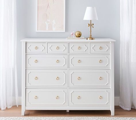 Kids Dressers & Armoires | Pottery Barn Kids Pottery Barn Dressers, White Dresser Gold Hardware, White Dressers Bedroom, Big Dressers, Master Dresser, White And Gold Dresser, Big Dresser, Girls Dresser, Baby Nook