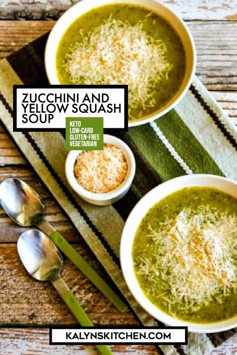 Pinterest image for Zucchini and Yellow Squash Soup in two bowls with a side of cheese sitting on a green and white napkin. Soup With Rosemary, Yellow Squash Soup, Zucchini And Yellow Squash, Low Carb Instant Pot Recipes, Recipe For Zucchini, Zucchini Soup, Instant Pot Soup Recipes, Instant Pot Soup, Low Carb Soup