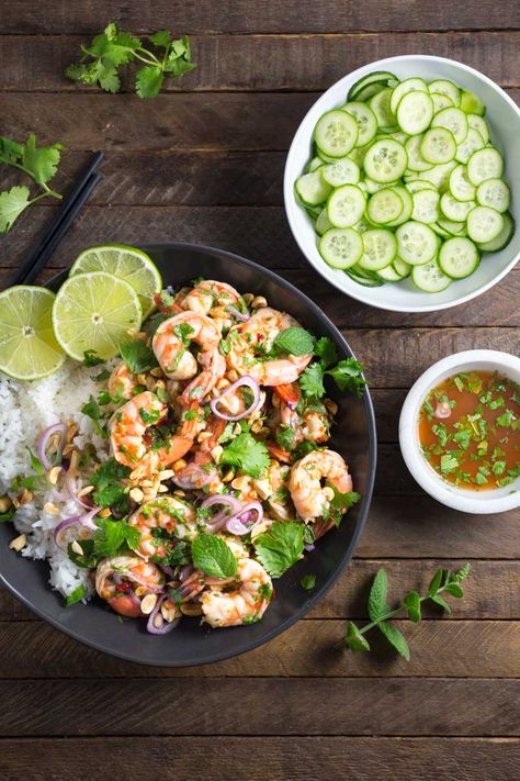 Spicy Thai Shrimp Salad Spicy Thai Shrimp, Thai Shrimp Salad, Vietnamese Noodle Salad, Chili Garlic Paste, Thai Shrimp, Quick Pickled Cucumbers, Spicy Thai, Thai Cooking, Shrimp Salad