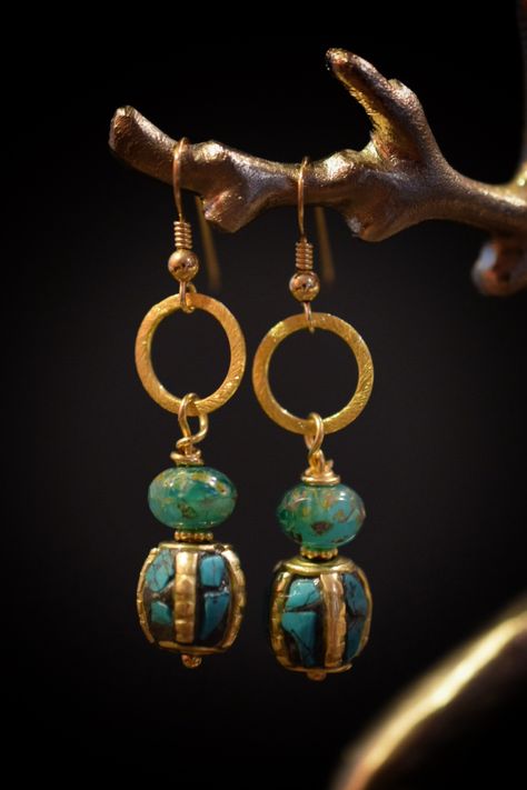 Gold filled Turquoise Tibetan Earrings Tibetan Earrings, Hearts Desire, Wearable Art, Turquoise Necklace, Gold Filled, Turquoise, Drop Earrings, Collage, Gold