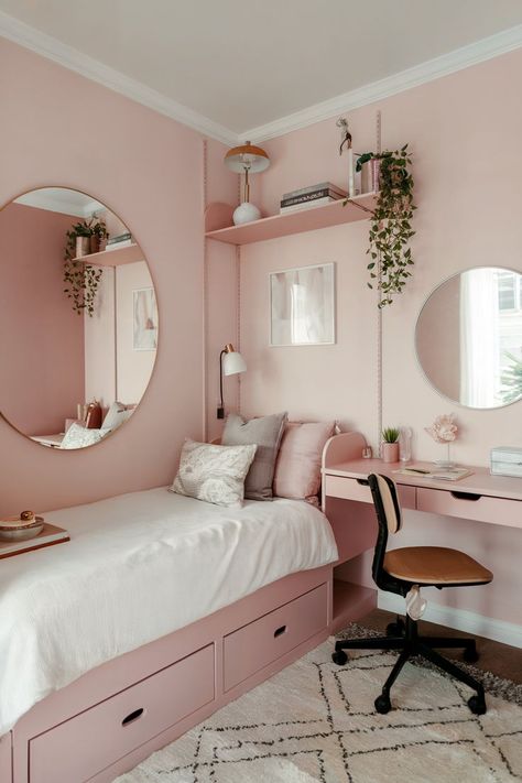 A small bedroom with soft, feminine decor, featuring a compact bed, minimal furnishings, and light-toned accents that make the space feel cozy and chic. Tiny Room Layout Bedrooms, Small Room Ideas Pink, Tiny Bedroom Ideas For Women, Extremely Small Bedroom, Extremely Small Bedroom Ideas, Tiny Bedroom Ideas, Small Bedroom Design Ideas, Modern Teen Bedrooms, Small Bedroom Ideas For Women