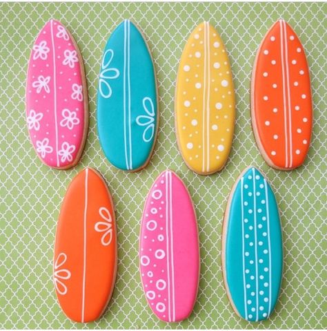 Surfboard cookies Surf Board Cookies Decorated, Hawaii Theme Cookies, Surfboard Cookies Decorated, Surf Board Cookies, Surfboard Cookies, Business Cookies, Surfboard Cake, Decorator Cookies, Luau Cookies