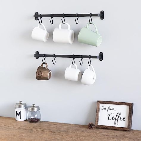 Coffee Mug Wall Rack: This mug rack designed for the wall, the mug holder takes up no extra space on the countertop, saving space while keeping everything within easy reach Mug Holder Wall, Coffee Mug Wall Rack, Cups Storage, Dining Room Coffee Bar, Mug Hooks, Room Coffee Bar, Coffee Mug Rack, Hanging Mugs, Mug Display