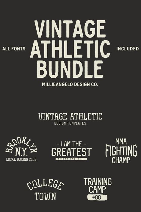 Vintage Athletic Bundle + Fonts, Templates Sporty Typography Design, Vintage Athletic Logo, Athletic Fonts, Top Fonts, Fun Fonts, Sport Logos, Boxing Club, Sports Logo Design, Brand Fonts