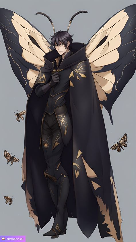 Moth Man Character Design, Feather Character Design, Moth Humanoid Male, Butterfly Oc Male, Butterfly Character Design Male, Moth Character Design Male, Moth Boy Oc, Bee Humanoid, Moth Hybrid Human