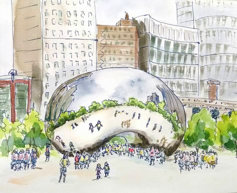 Urban Sketchers Symposium, Journal Flip #urbansketching #urbansketch #travel #chicago #journal #journalflipthrough #sketch #watercolor #usksymposium Sketch Cloud, Chicago Painting, Chicago Bean, House Portrait Painting, Chicago Print, Sketch Watercolor, Landmarks Art, Nature Sketch, Urban Sketch