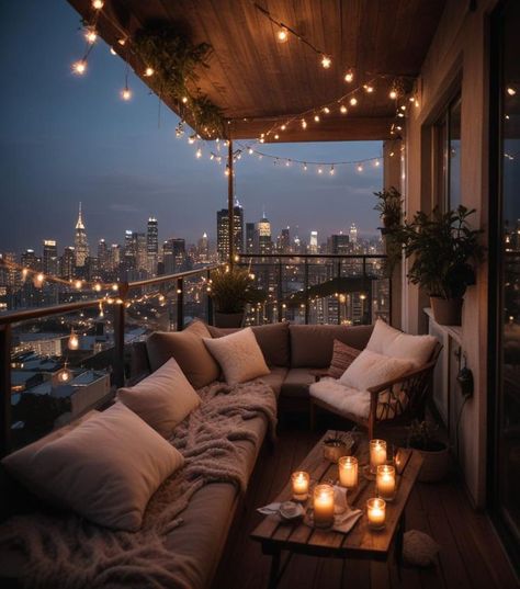 Balcony Hangout Ideas, Rooftop Deck Decor, Moody Balcony, Apartment Deck Ideas Balconies, Balkon Aesthetic, Private Balcony Ideas, Apartment With Large Windows, Large Balcony Ideas, Cozy Apartment Balcony