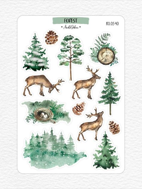 Forest Stickers, Nature Scrapbook, Stickers Watercolor, Bujo Stickers, Stickers Scrapbook, Tree Stickers, Nature Stickers, Watercolor Tree, Watercolor Stickers