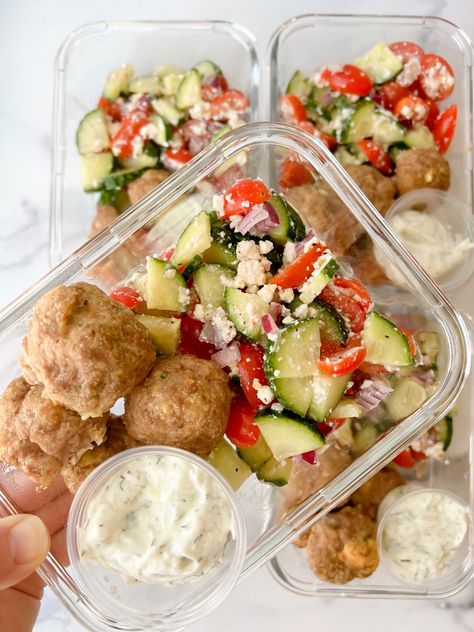 Greek Turkey Meatball Meal Prep - TeacherTastes Turkey Meatball Meal Prep, Meatball Meal Prep, Greek Turkey Meatballs, Health Meal Prep, Greek Turkey, Meals For Four, Turkey Meatball, Healthy Lunches For Work, Vegetarian Meal Plan