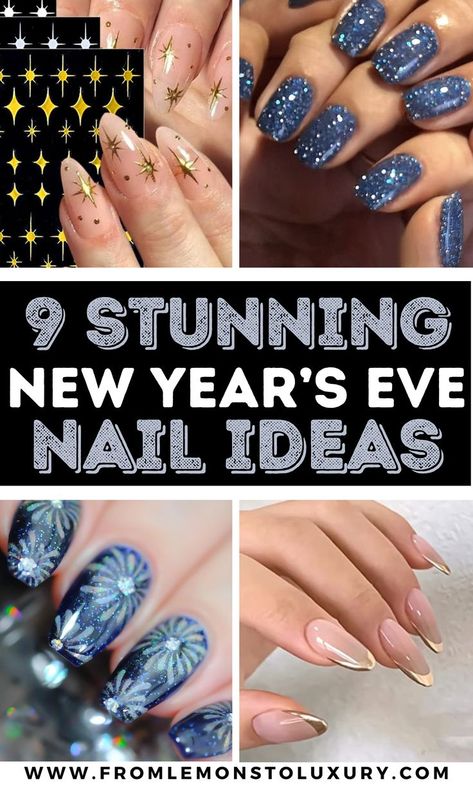 new year's eve nail ideas New Year's Eve Blue Nails, Blue New Years Eve Nails, Blue New Years Nail Designs, White Gold Sparkle Nails, New Year's Eve Nails Acrylic, Nails Gold And Black, Nails Black And Silver, Gold Sparkle Nails, New Year's Eve Nails