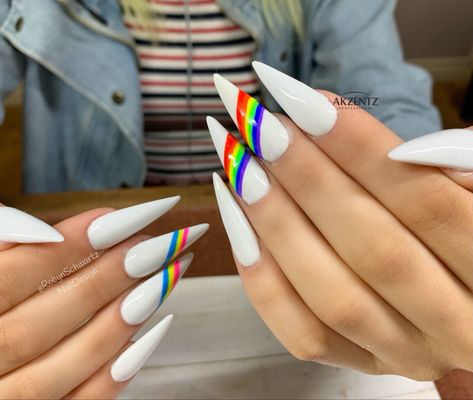 Gel nails, pride nails, gel nails, stiletto nails, long nails, white nails, summer nails White Nails With Rainbow Designs, Neon Pride Nails, Gay Pride Nails Acrylic, Pride Nails Stiletto, Pride Themed Nails, Pride Nails Almond, Pride Nails Simple, White Nails With Colorful Designs, Rainbow Stiletto Nails