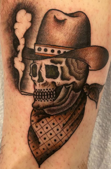 American Traditional Cowboy Skull Tattoo, Skull Wearing Cowboy Hat Tattoo, Trad Cowboy Tattoo, Dead Cowboy Tattoo, Old West Tattoo, Skull Cowboy Tattoo, Tattoo Designs Fine Line, Cowboy Vampire, Cowboy Skull Tattoo