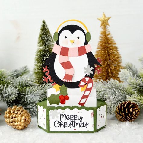 Penguin Christmas Pop-Up Card - Project Idea - Scrapbook.com Christmas Platform Pop Up Cards, Platform Pop Up Card, Hexagon Box, Lori Whitlock, Hampton Art, Christmas Ephemera, Penguin Christmas, Clear Acrylic Stamps, Christmas Pops