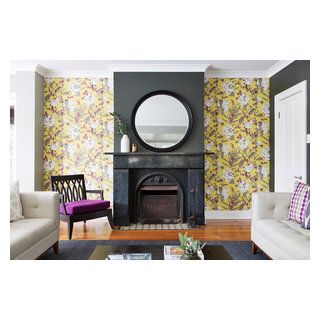 Cremorne Point 1 - Craftsman - Living Room - Sydney - by Cloth + Stone Designs | Houzz Chimney Breast Decor, Wallpaper Around Fireplace, Wall Papering Ideas Living Room, Wall Papering Ideas, Chimney Decor, Wallpaper Fireplace, Fireplace Accent Walls, Craftsman Living Room, Fireplace Feature Wall