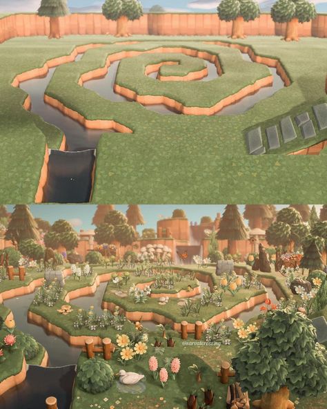 Acnh Spiral River, Animal Crossing Fairy Circle, Acnh Before And After, Animal Crossing River, Animal Crossing River Ideas, Fairy Island Animal Crossing, Acnh Fairy Circle, Animal Crossing Island Inspiration Fairy, Sims Cottage Living