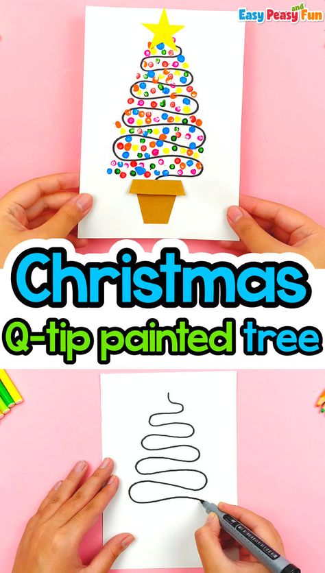 Q-Tip Painted Christmas Tree Q Tip Art, Colorful Art Projects, Easy Christmas Craft, Painted Christmas Tree, Q Tip Painting, Marker Crafts, Christmas Crafts To Make, Christmas Tree Painting, Animal Crafts For Kids