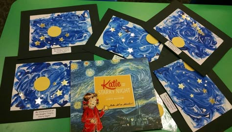 My class read Katie and the Starry Night by James Mayhew and then used some of Van Gogh's techniques to create our Starry Night. Van Gogh Art Lesson, Preschool Creative Art, Kids Art Studio, Night Sky Art, Starry Night Art, Book Drawing Ideas, Night Book, Starry Night Van Gogh, Van Gogh Art