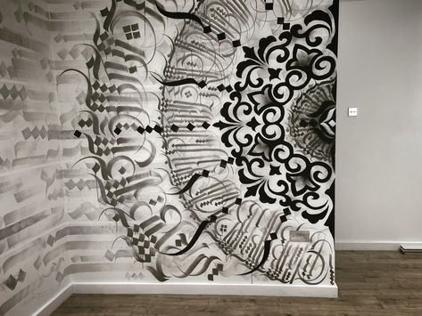 Tattoo Mural Wall Art, Calligraphy On Wall, Abstract Mandala, Calligraphy Mural, Calligraffiti Art, Graffiti Wall Art Interior Design, Tattoo Wall Mural Urban Art, Wall Grafitti Creative, Tattoo Studio Interior