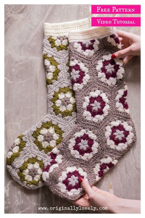 Granny Hexi Stocking Free Crochet Pattern and Video Tutorial Crochet Hexagon Stocking, Hexagon Granny Square Stocking, Crochet Christmas Socks Free Pattern, Granny Hexagon Crochet, Crochet Stocking Pattern Free, Granny Square Stocking, Stocking Crochet Pattern, Crochet Hexagons, Stocking Pattern Free